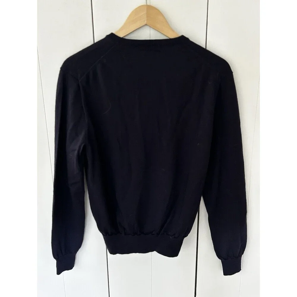 Polo Ralph Lauren Merino Wool Sweater Size Medium V-Neck Navy Blue Red Logo Men'